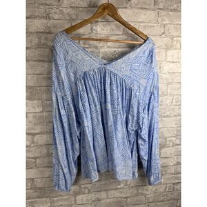 Michelle McDowell‎ Popover Top Women's Size Large Preppy Blue White V Neckline